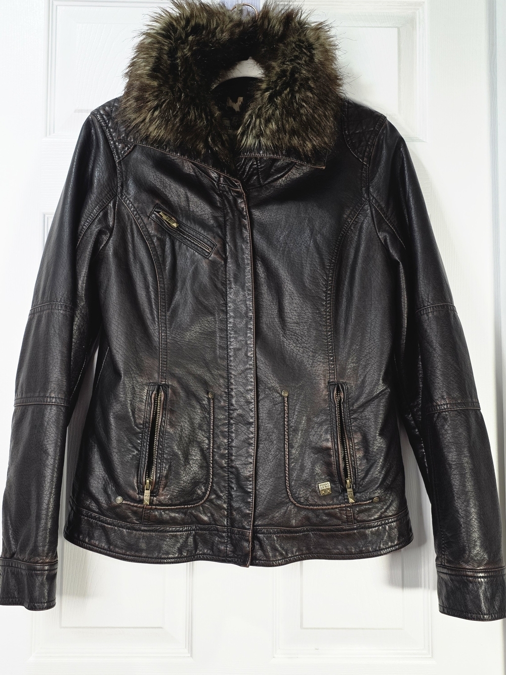 Vintage Faux Leather Moto Biker Jacket Fur Collar Black Size S Small - Picture 15 of 16